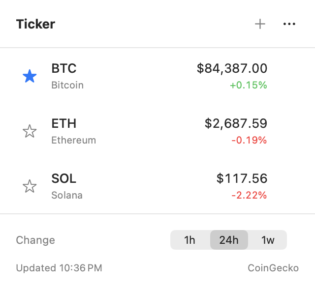 Ticker's native macOS popup, with stars on the left, token symbols above names, USD prices and the change-period selector.